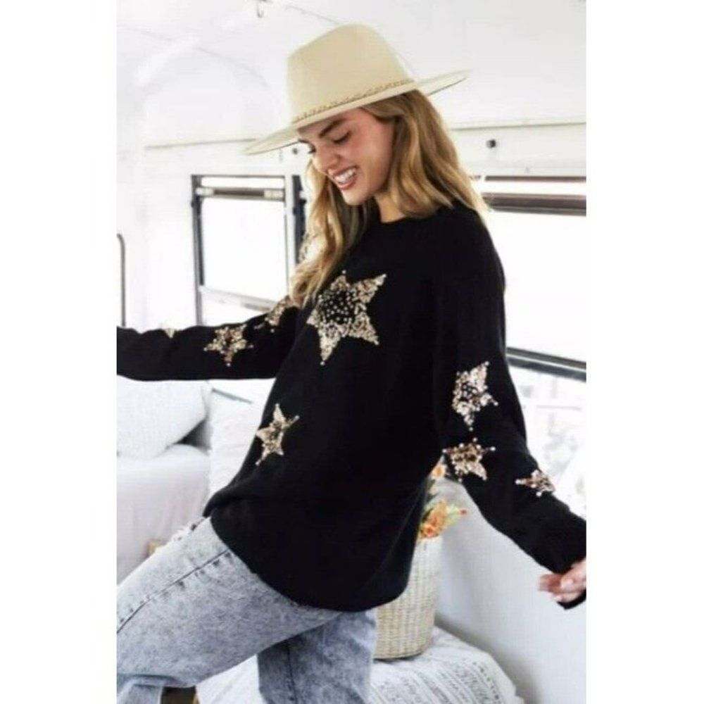 Fantastic Fawn Oh My Stars Sequin + Pearls Sweater in Black IFKT54447-01 - Picture 11 of 11